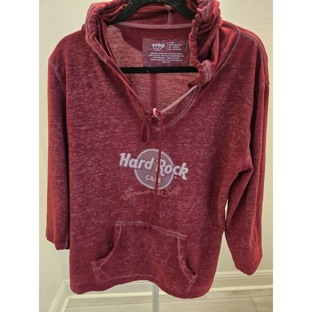 Hard Rock Cafe Guam USA Burgundy Hoodie L Women Lightweight V-Neck Lace Up